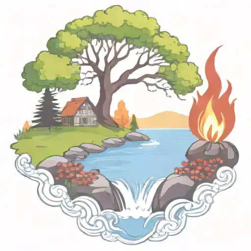 A Rowan Berry Tree And A Campfire Beside A River Waterfalling Down The Front