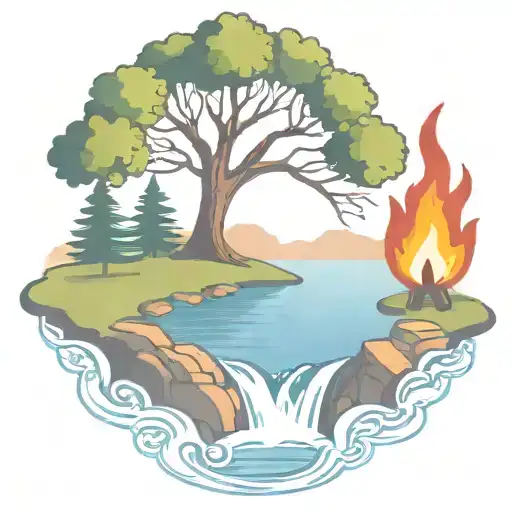 A Rowan Berry Tree And A Campfire Beside A River Waterfalling Down The Front
