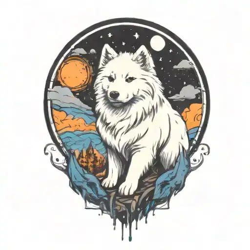 Samoyed Under The Night Sky Filled With Constellations