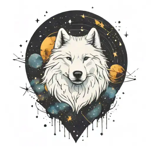 Samoyed Under The Night Sky Filled With Constellations