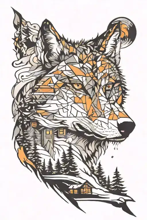 Wolf And Cabin Covered In Snow