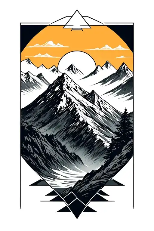 Mountain Tattoo On Forearm Grayscale Thin Lines Geometric Ornament