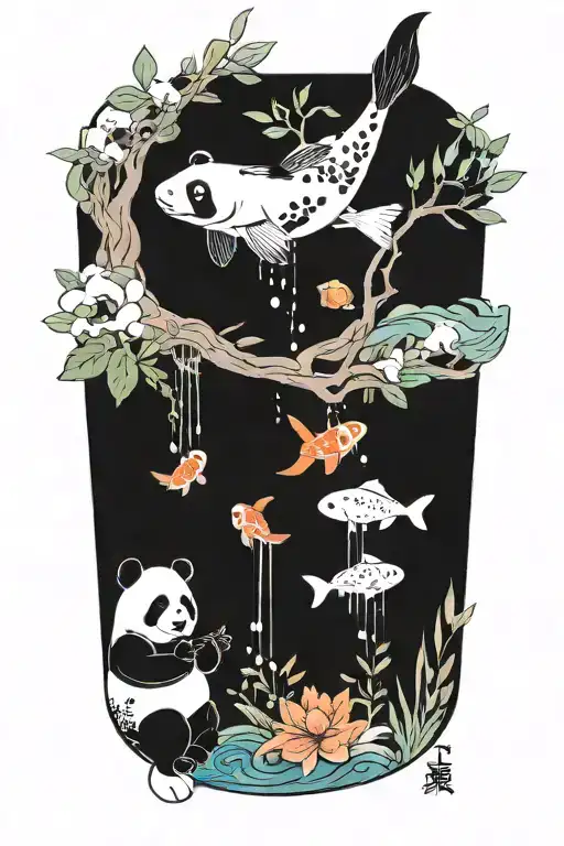 A Nature Scene Featuring Olive Tree Well Water And A Koi Fish And A Panda Play Playstation