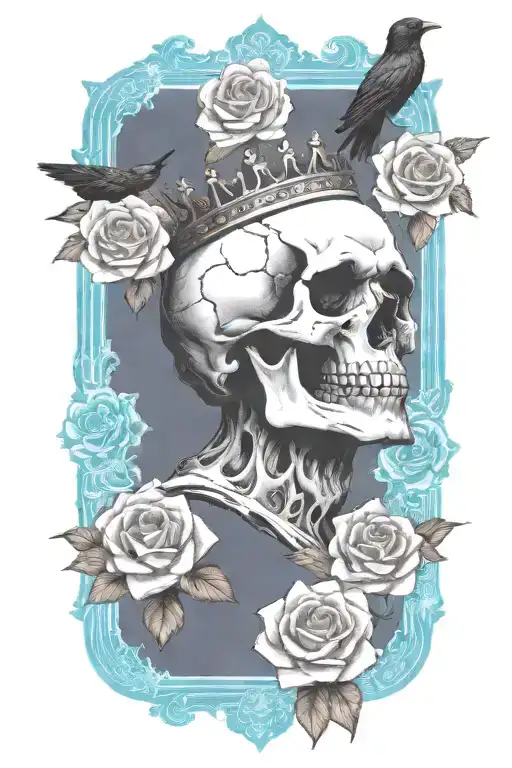 Skull Wearing Crown With Raven On Skull And Blue Roses