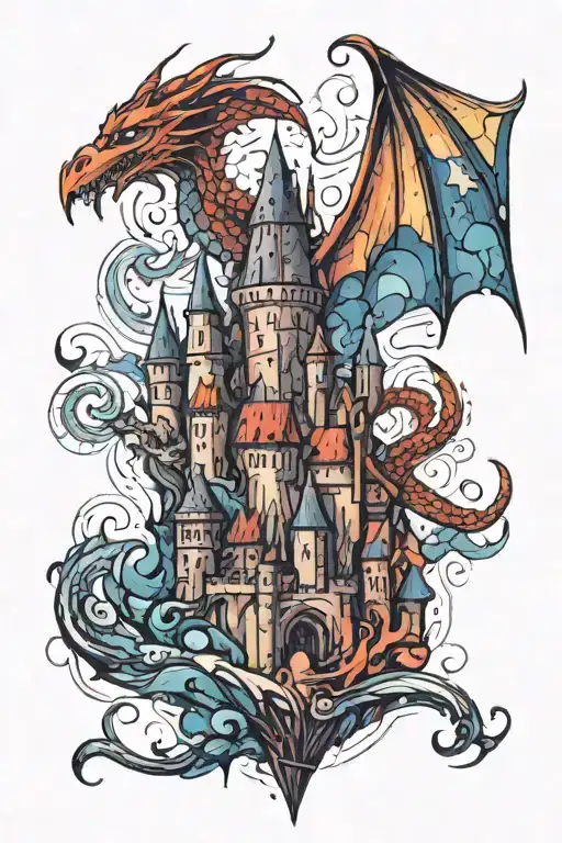 Hogwarts Castle And A Dragon Flying
