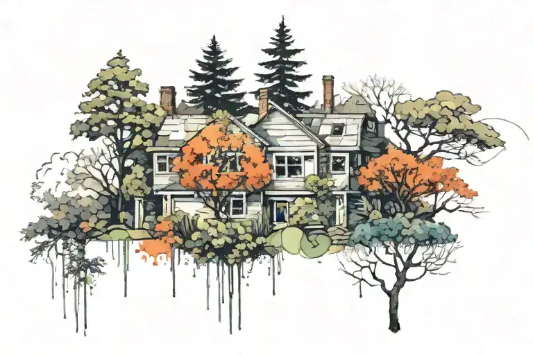 House With A Garden In Foreground With Tall Trees In The Background