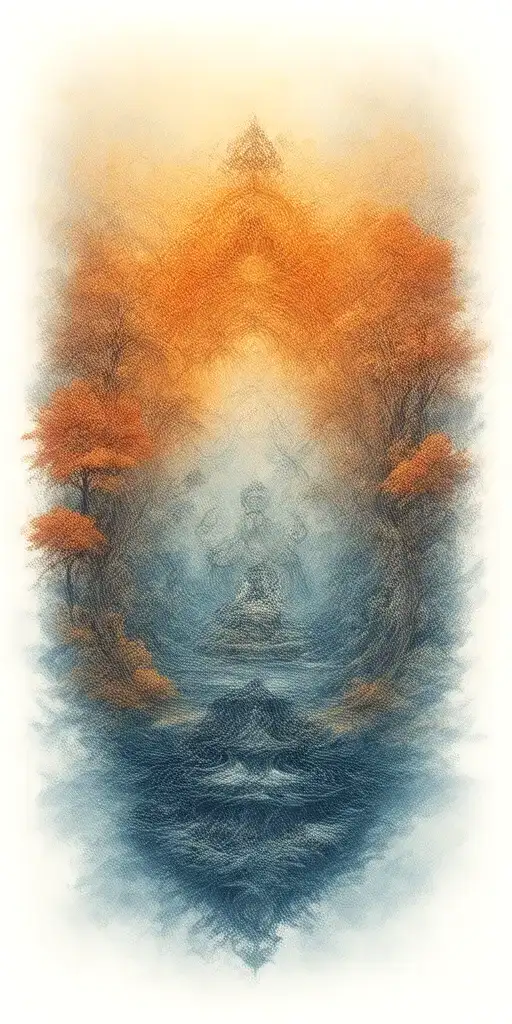 Spiritual Buddhist Tattoo Featuring A Traditional Scenary And Nature Including Spiritual Elements