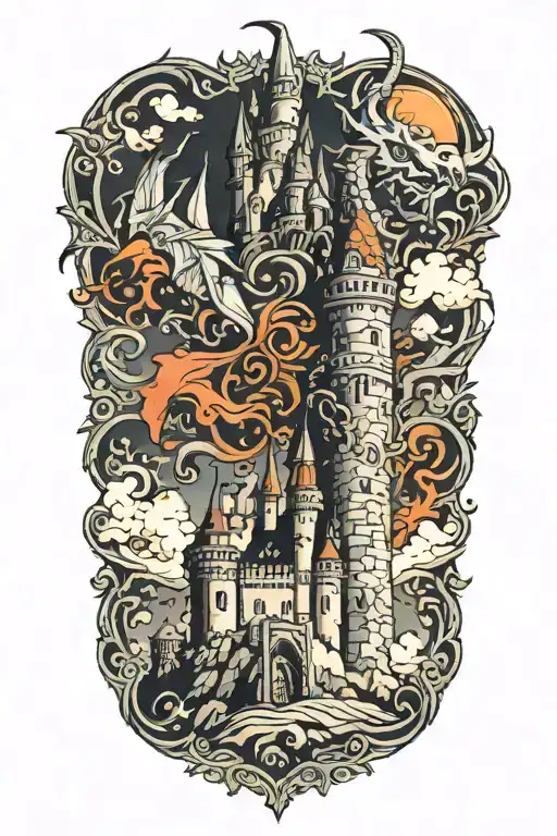 A Majestic Castle With A Dragon Flying Overhead