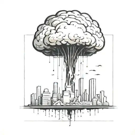 An Abstract Nuclear Explosion Mushroom Cloud Destroying A Major City In An Abstract Black Line Frame