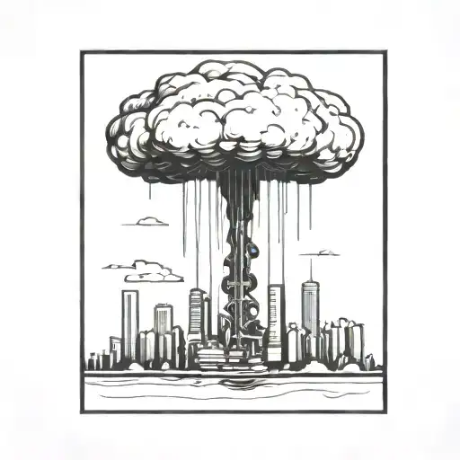 An Abstract Nuclear Explosion Mushroom Cloud Destroying A Major City In An Abstract Black Line Frame