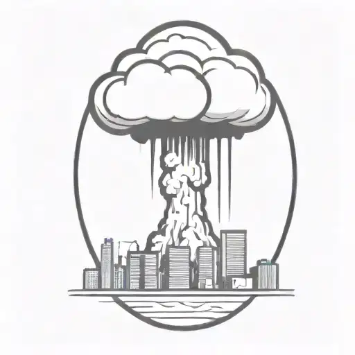 An Abstract Nuclear Explosion Mushroom Cloud Destroying A City In An Abstract Black Line Frame