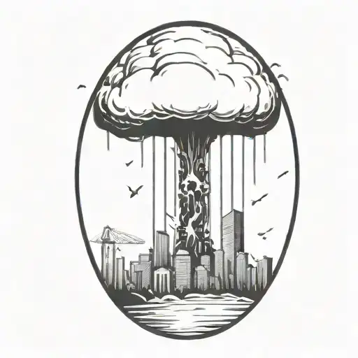 An Abstract Nuclear Explosion Mushroom Cloud Destroying A City In An Abstract Black Line Frame