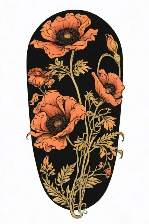 Poppies And Fern Leaves Art Nouveau Style