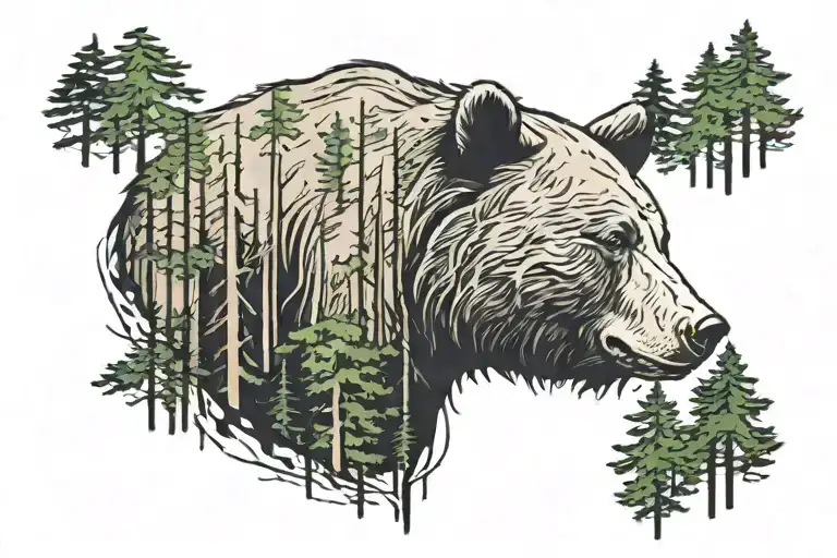 Sleeping Bear Head With Cedar Trees Upside Down Fading Into Bottom Of Bear