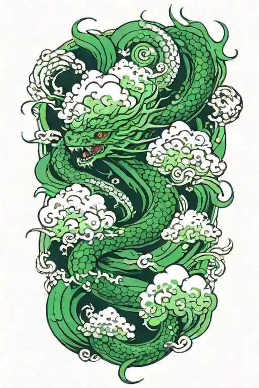 Green Dragon And Japanes Clouds