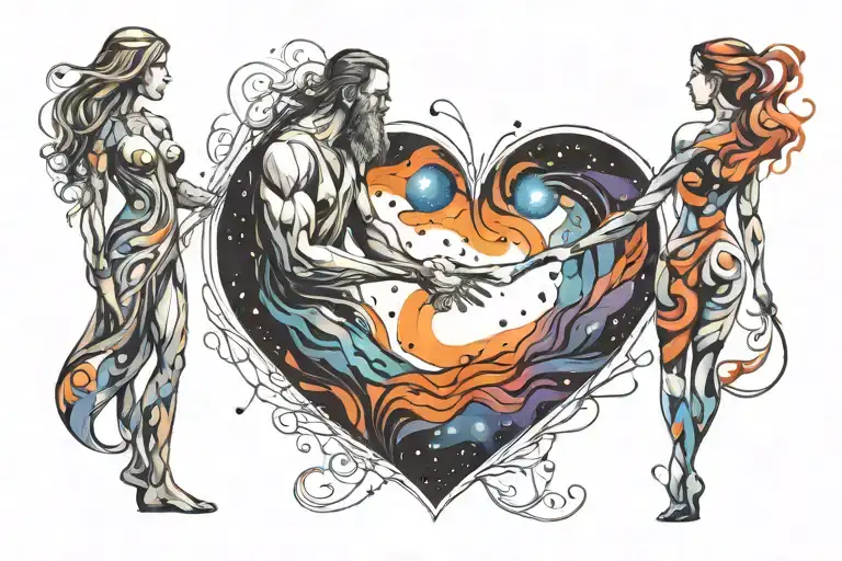 Father Holding Daughters Hand Walking In Heart Shaped Universe