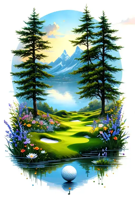 Mystical Golf Course Landscape With Golf Ball Mountain Flowers Pine Trees Water Lily Larkspur