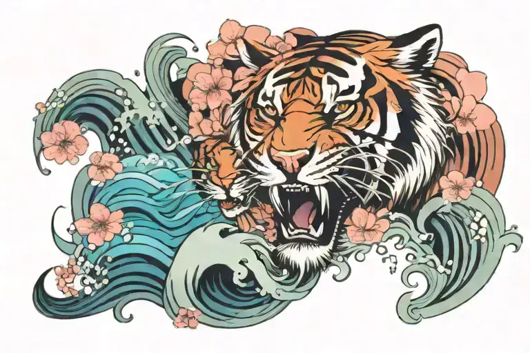 Tiger Roaring Waves Crashing Sakura Flowers