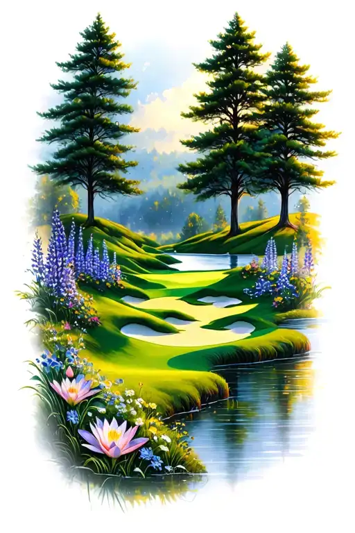 Golf Course Landscape Rolling Hills Flowers Pine Trees Water Lily Larkspur