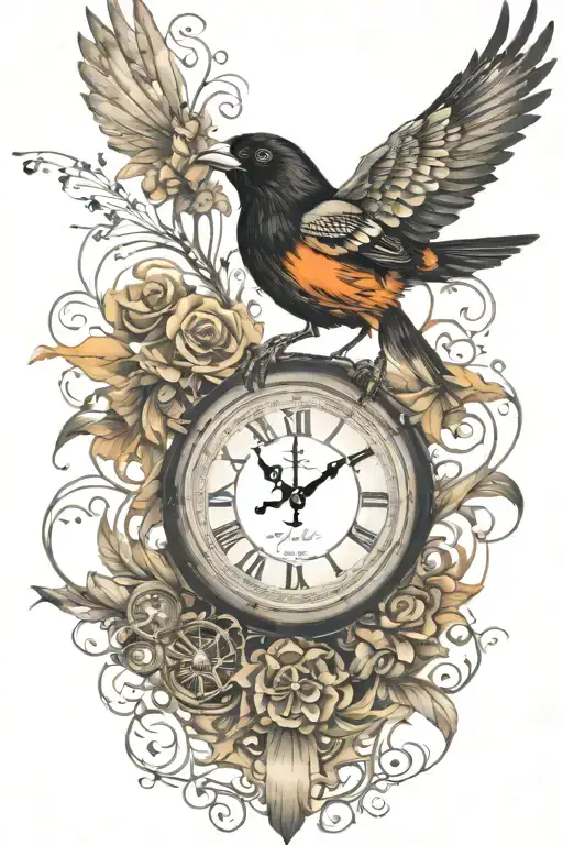 Oriole Bird With Roman Numeral Clock In The Background With Bible Verse