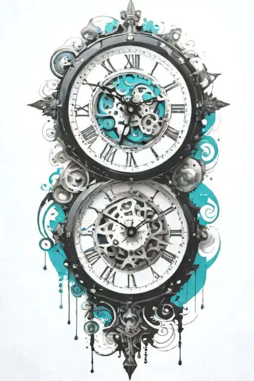 Black And White Clock With Mechanism And Teal Stripe