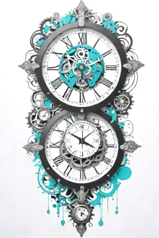 Black And White Clock With Mechanism And Teal Stripe