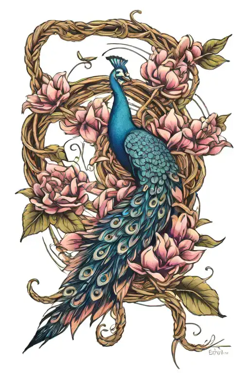 Magnolia Flower With Peacock And Thin Ropes
