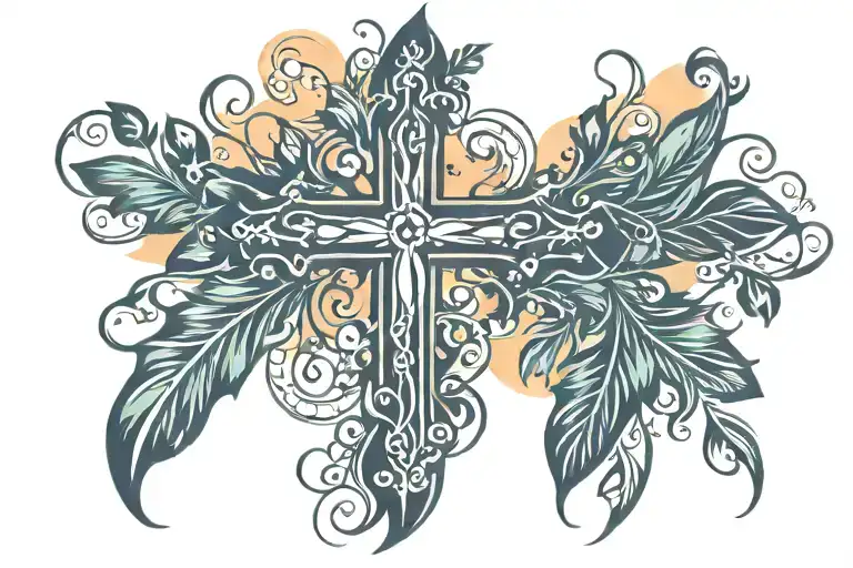 Cross Flowers Leaves Sunset Background