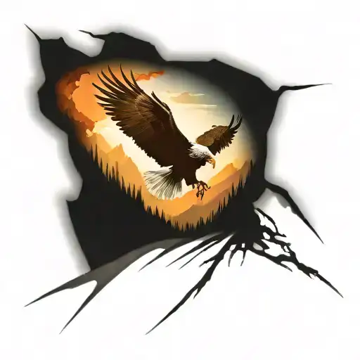 Mountain Lake With Eagle Flying