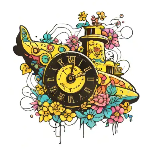 Yellow Submarine With Colorful Flowers And Clock