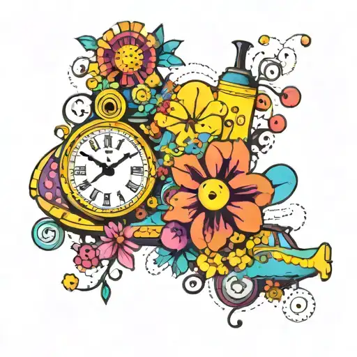 Yellow Submarine With Colorful Flowers And Clock