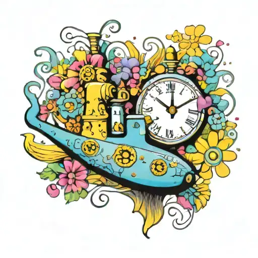 Yellow Submarine With Colorful Flowers And Clock