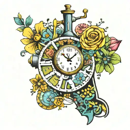 Yellow Submarine With Colorful Flowers And Clock