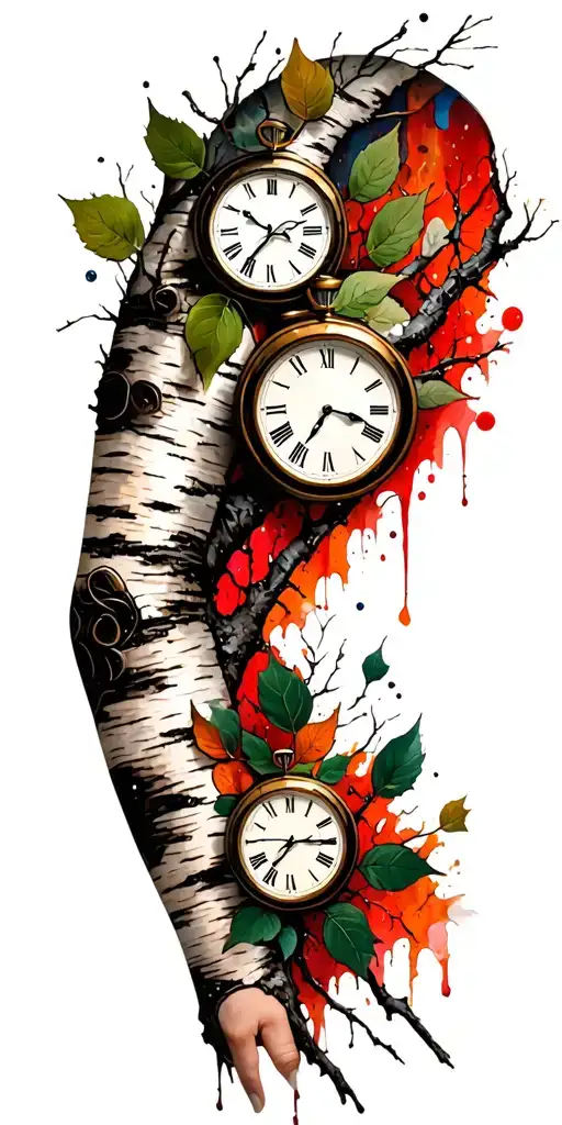 Birch Branches With Hunter Green Leaves With Only Three Clocks Integrated Into It For An Arm Sleeve