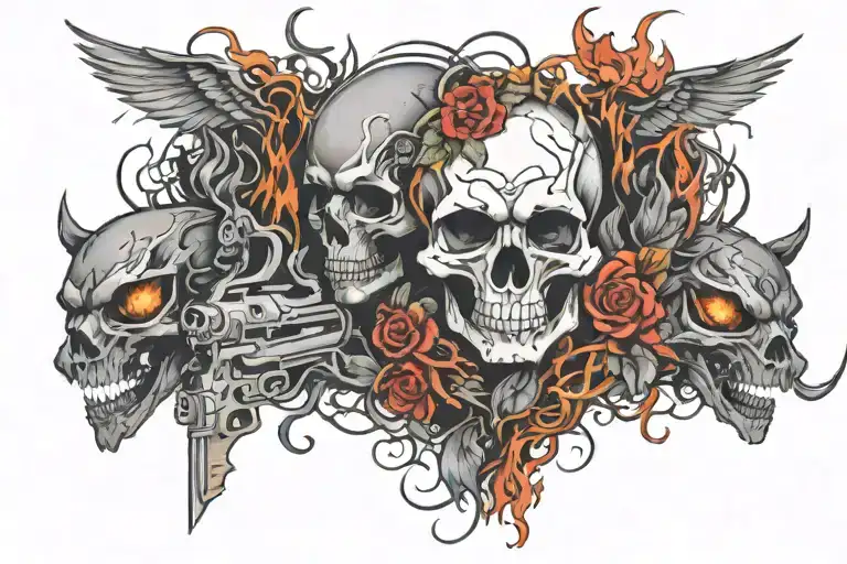 Skulls Guns Wolves Ravens Dragons And Roses On Fire