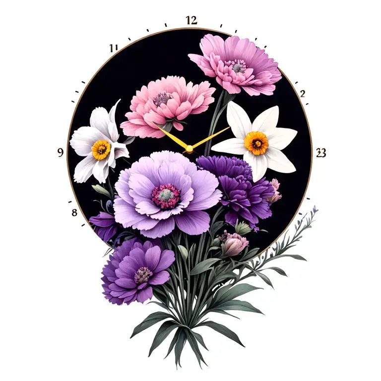 Purple Carnation White Daffodil Pink Cosmos Flowers A Clock