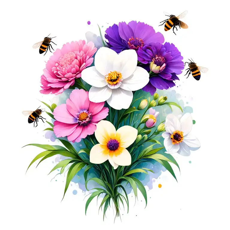 Purple Carnation White Daffodil Pink Cosmos Flowers With Bees