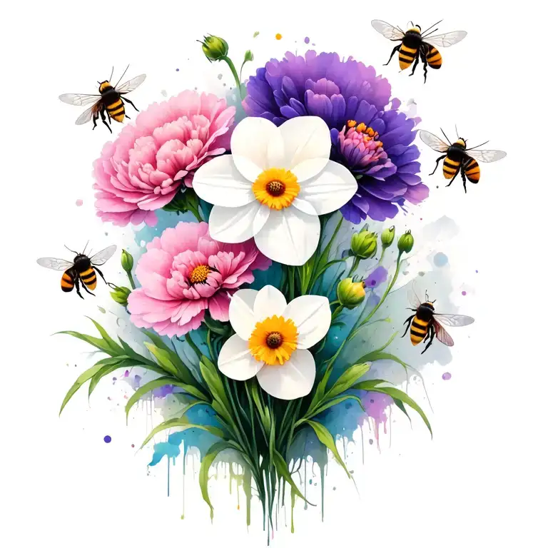 Purple Carnation White Daffodil Pink Cosmos Flowers With Bees