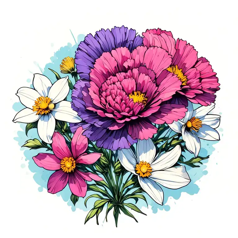 Purple Carnation Pink Cosmos White Daffodil Flowers