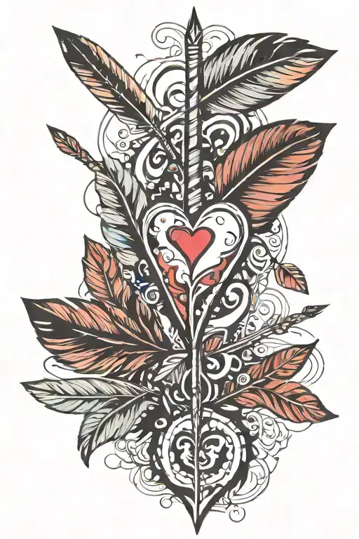 Arrow With Heart Shape Tip And Three Feathers Hanging From Other End