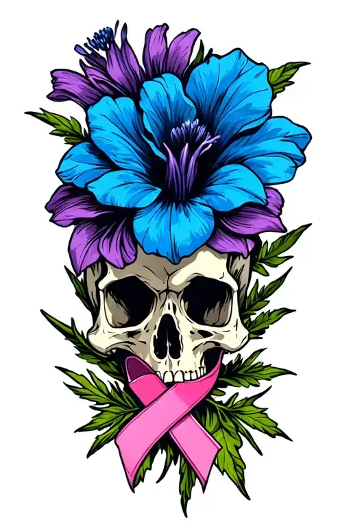 Colorado Blue Columbine Flower And Skull With Breast Cancer Ribbon