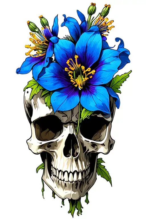 Four Colorado Blue Columbine Flowers And Skull