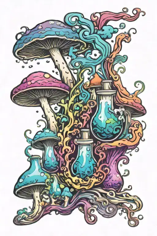 Liquid-filled Potion Bottles With Colorful Smoke And Color Filling Psychedelic Mushrooms Everywhere