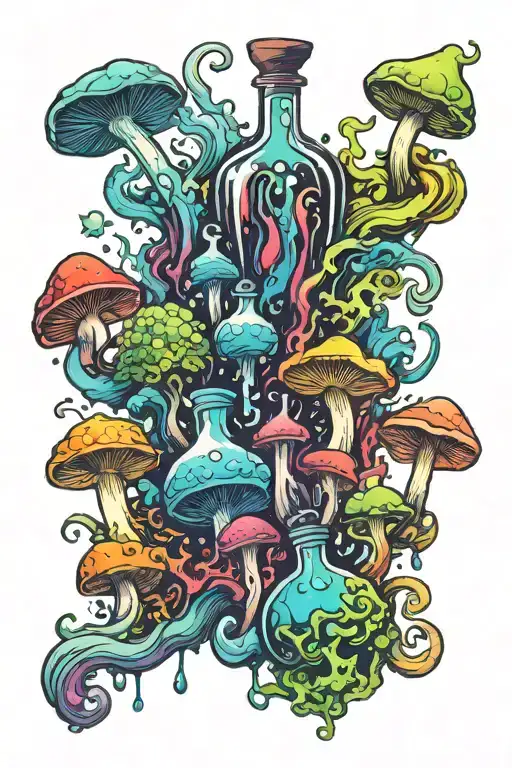 Liquid-filled Potion Bottles With Colorful Smoke And Color Filling Psychedelic Mushrooms Everywhere