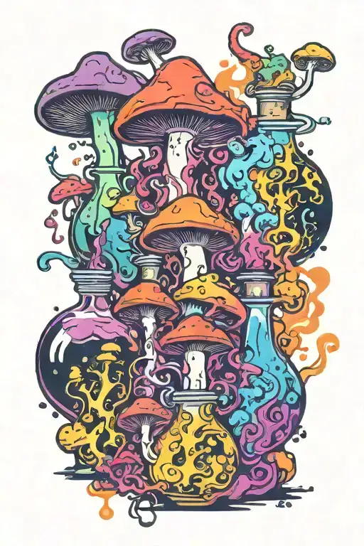 Liquid-filled Potion Bottles With Colorful Smoke And Color Filling Psychedelic Mushrooms Everywhere