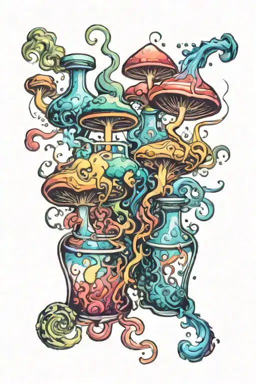 Liquid-filled Potion Bottles With Colorful Smoke And Color Filling Psychedelic Mushrooms Everywhere