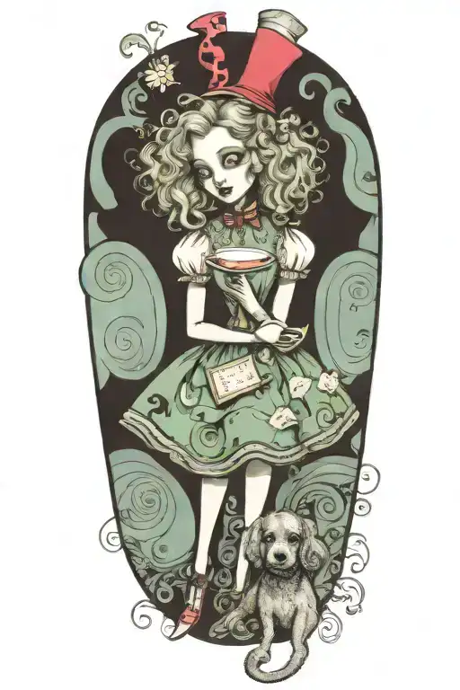 Alice In Wonderland Holding A Poodle Dog With A Cup Of Coffee Reading A Book