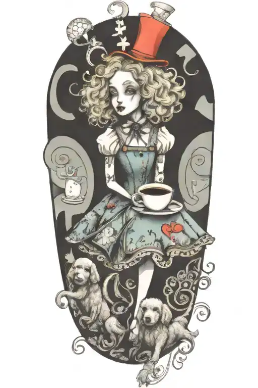 Alice In Wonderland Holding A Poodle Dog With A Cup Of Coffee Reading A Book