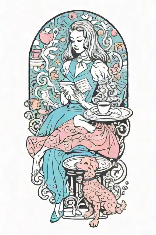Alice In Wonderland Reading A Book With A Cup Of Coffee And A Poodle Dog