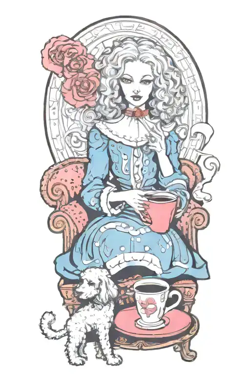 Alice In Wonderland Reading A Book With A Cup Of Coffee And A Poodle Dog